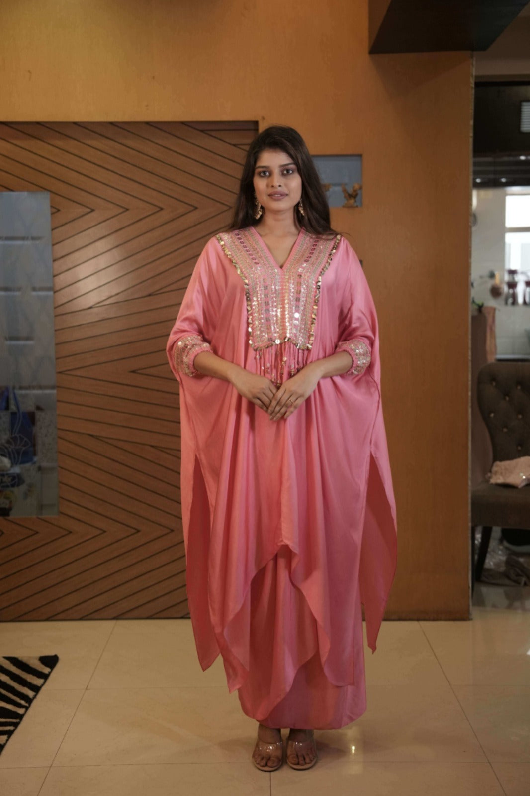 Pink Sequined Kaftan with Dhoti Skirt