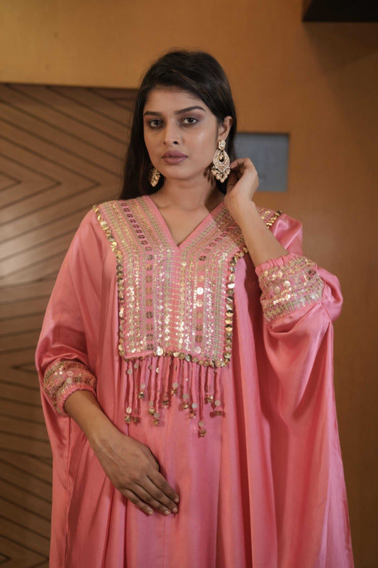 Pink Sequined Kaftan with Dhoti Skirt