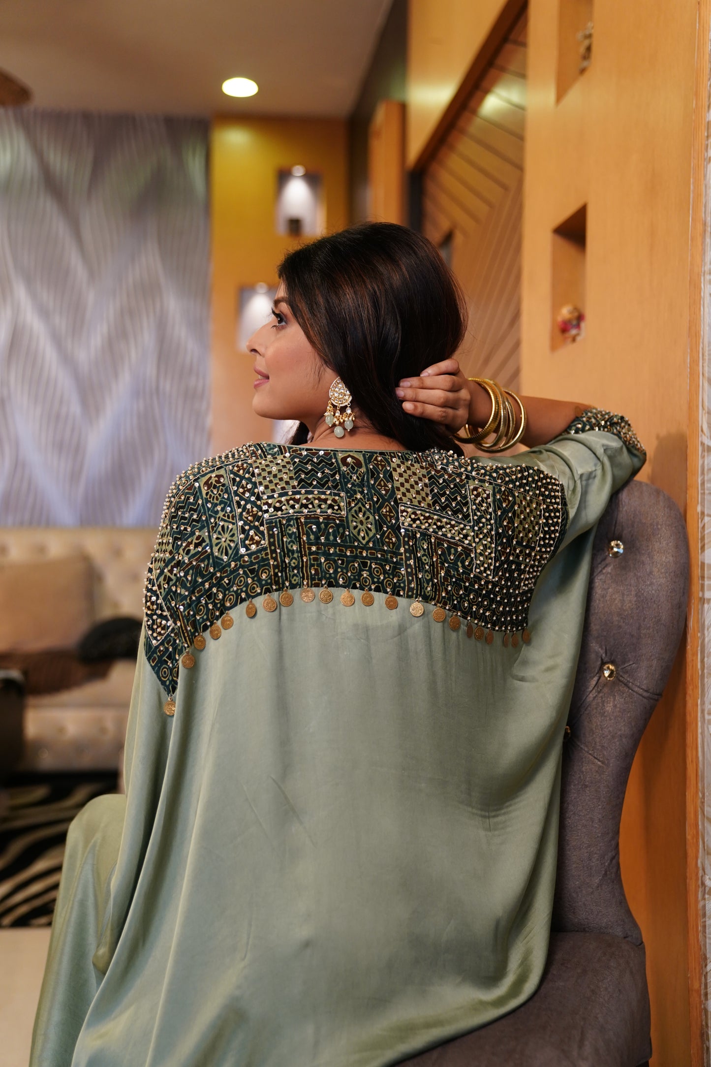 Embellished Kaftan Co-ord in Mint Green