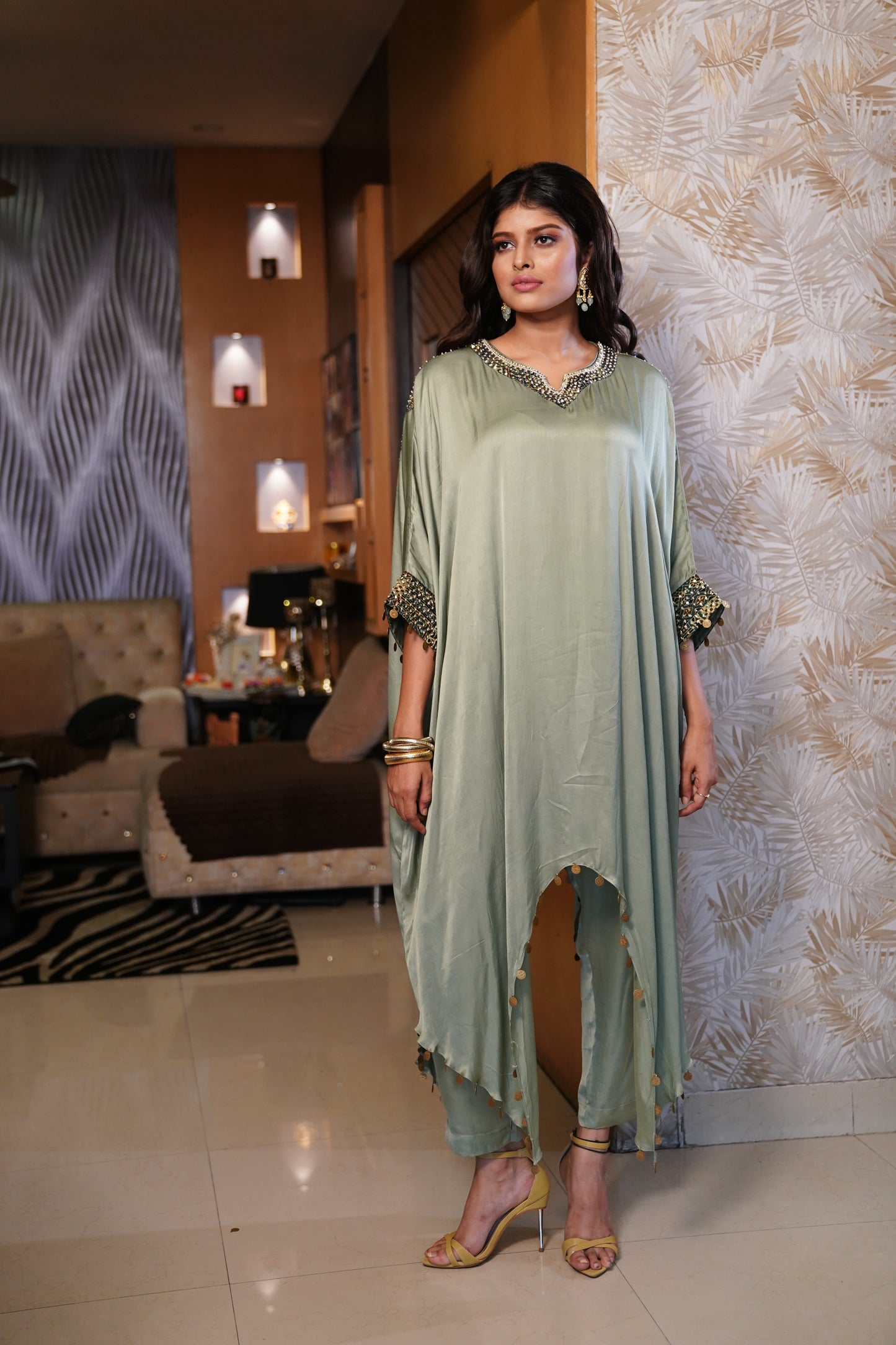 Embellished Kaftan Co-ord in Mint Green