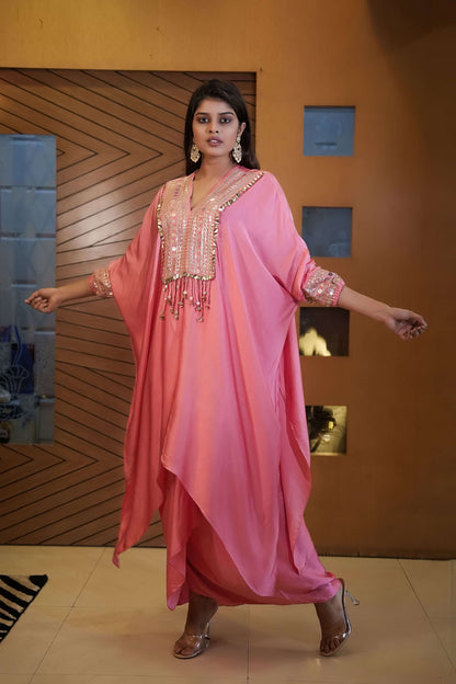 Pink Sequined Kaftan with Dhoti Skirt